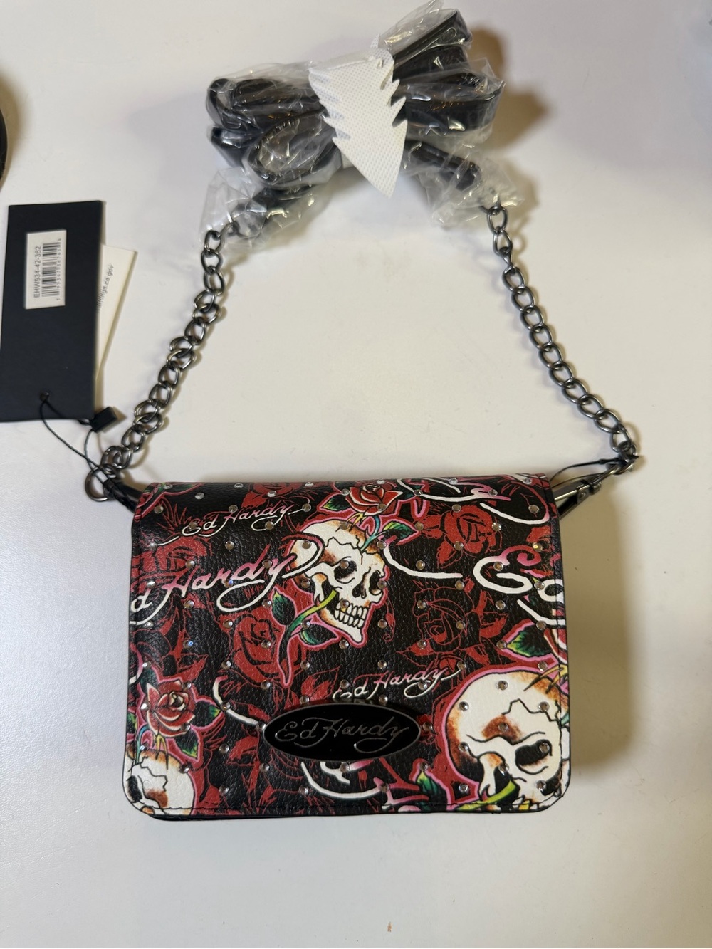 Ed Hardy Red & Black Skull Rose Print Crossbody Bag